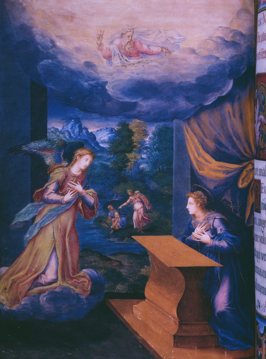 Fol.5v, Angyali üdvözlet, II. Fülöp spanyol király breviáriumának fakszimiléjéből, 1569 (pergamen) alkotó: Julian and Leon, Andres de Fuente del Saz