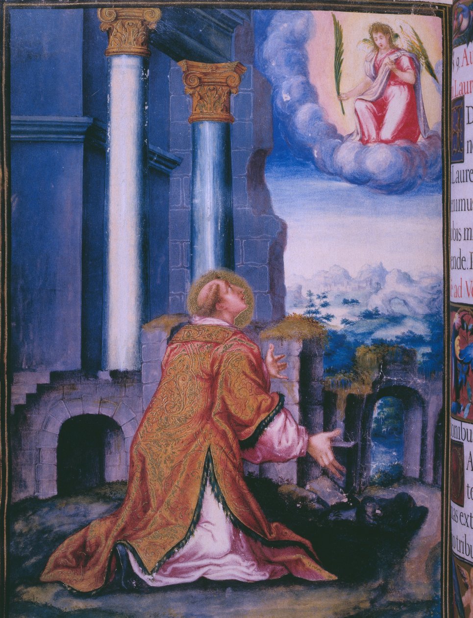 Szent Lőrinc, akinek az Escorial kolostort felszentelték, II. Fülöp spanyol király breviáriumának fakszimiléjéből, 1569 (pergamen) alkotó: Julian and Leon, Andres de Fuente del Saz