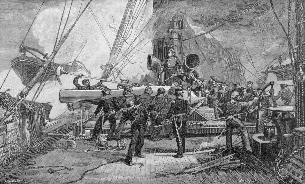 A tizenegy hüvelykes forgópisztoly a „Kearsarge”-n működés közben, John William Evans (sz. 1855) metszetével, illusztráció a „Csatták és a polgárháború vezetői” című könyvből, szerkesztette Robert Underwood Johnson. alkotó: Julian Oliver Davidson
