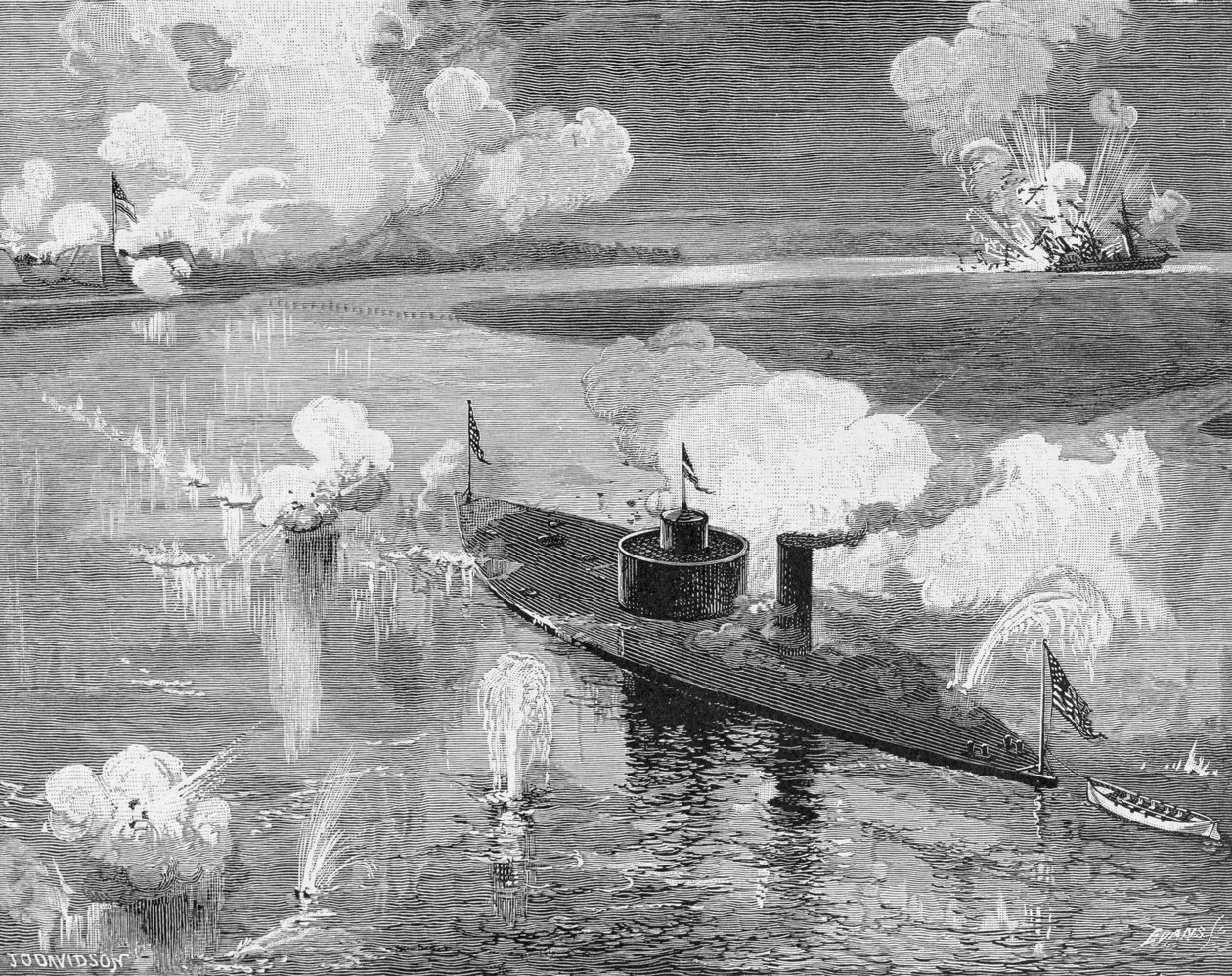 A „Montauk” monitor elpusztítja a konföderációs „Nashville” magántulajdonost Fort McAllister közelében, Ogeechee River, Georgia, 1863. február 28., John William Evans (szül. 1855) vésett illusztrációja a „Bat”-ból alkotó: Julian Oliver Davidson