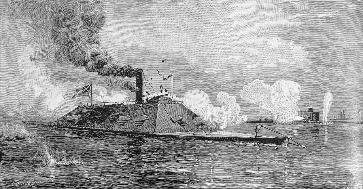 A „Weehawken” monitor, amely a konföderációs vaskalapos kost „Atlanta” (formálisan a blokádfutó „Fingal”) Wassaw Sound, Georgia, 1863. június 17., vésette Allen Irwin, illusztráció a „Bat”-ból alkotó: Julian Oliver Davidson