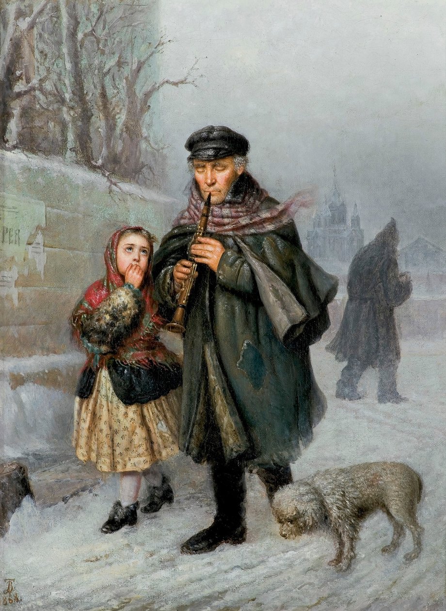 Klarinétos - Szentpétervári utcai jelenet (Koldus klarinétos lánnyal és kutyával). alkotó: Julian Bończa Tomaszewski
