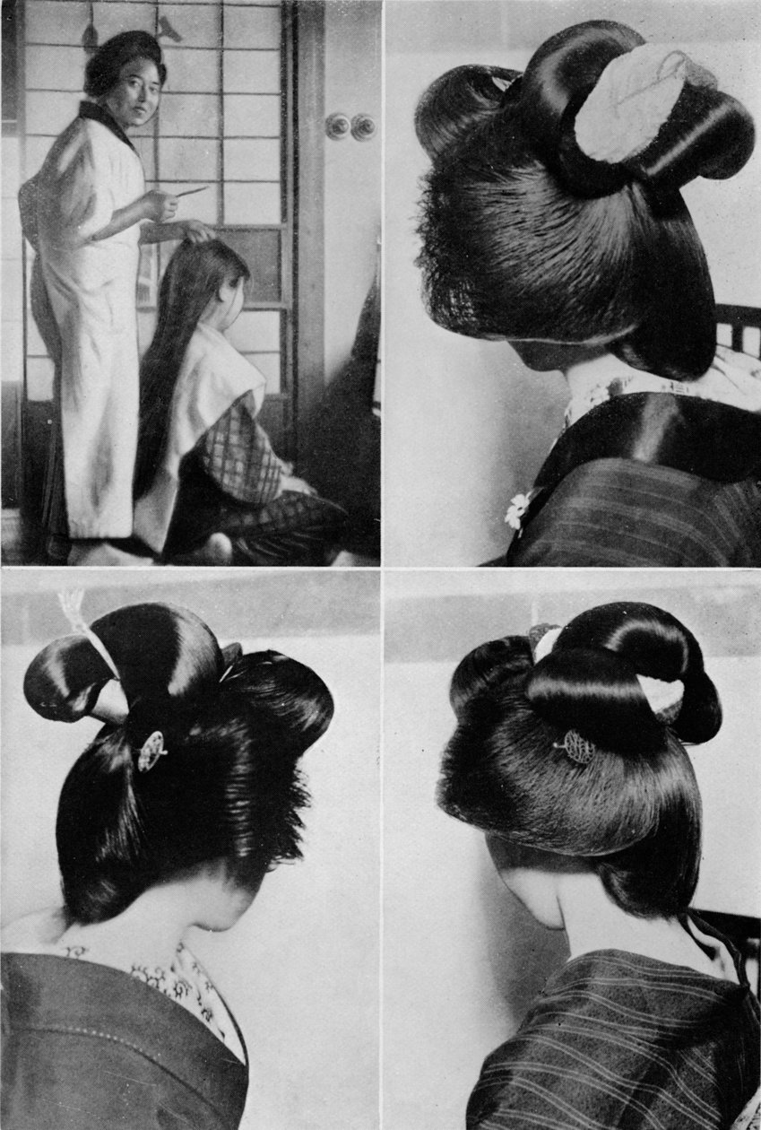 Két órába telik egy gésafrizura, a frizura, több napig tart, c1900, 1921. alkotó: Julian Leonard Street
