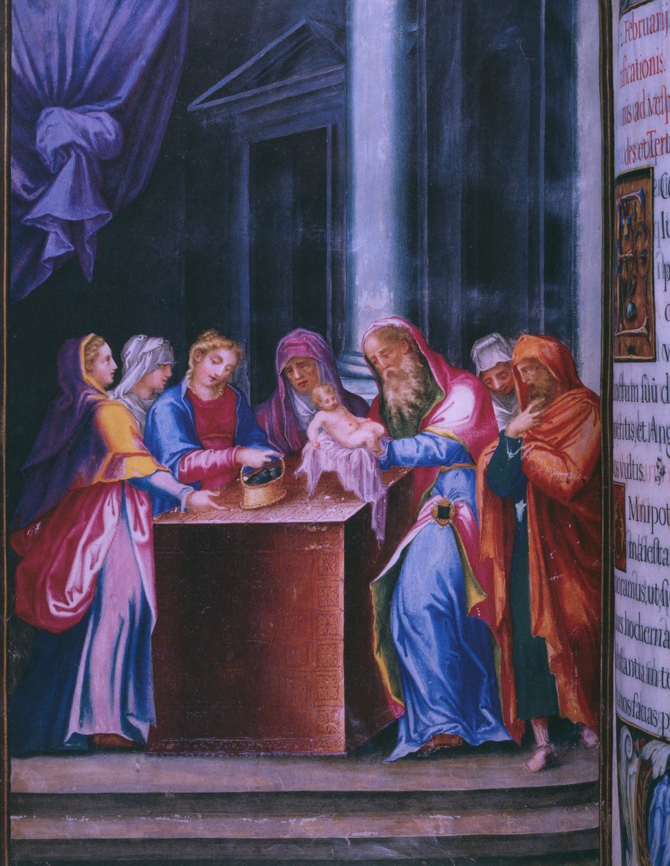 Bemutató a templomban, II. Fülöp spanyol király breviáriumának fakszimiléjéből, 1569 (pergamen) alkotó: Julian and Leon, Andres de Fuente del Saz