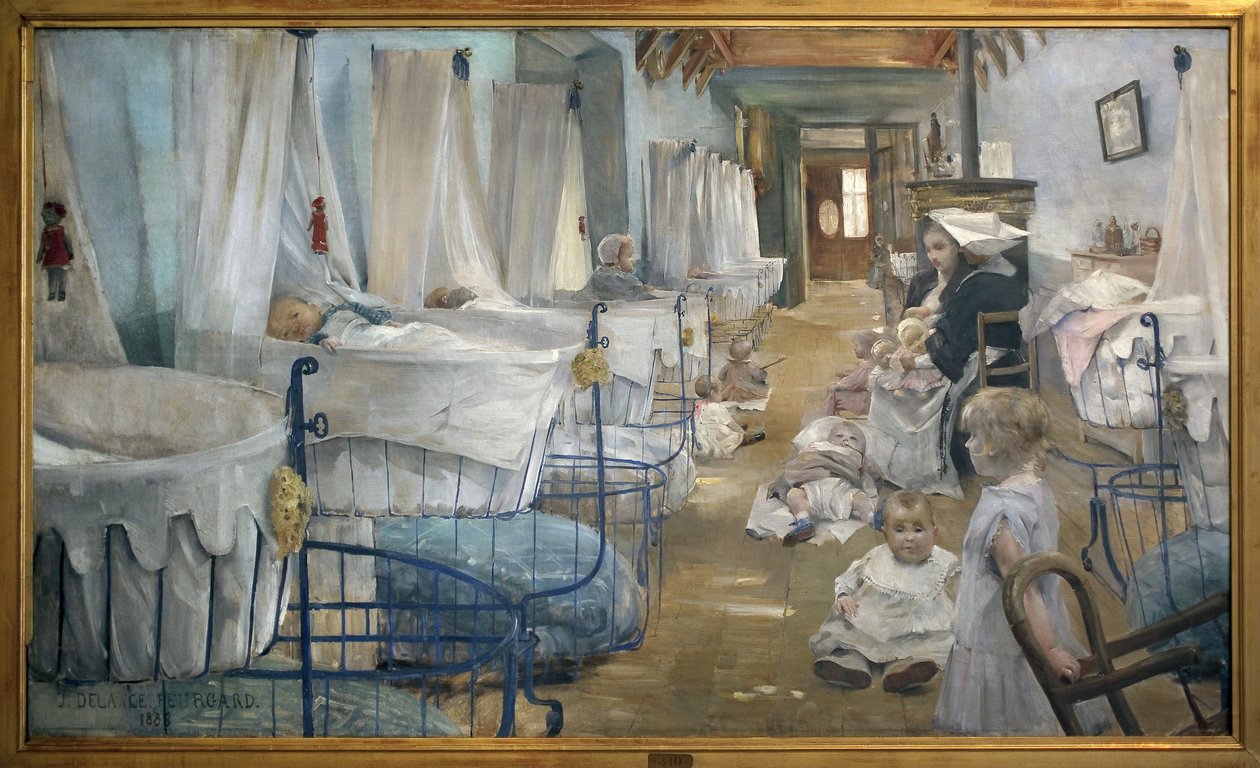 A kiságyak. Julie Delance Feurgard (1859-1892) festménye. Olajfestmény alkotó: Julie Delance Feurgard