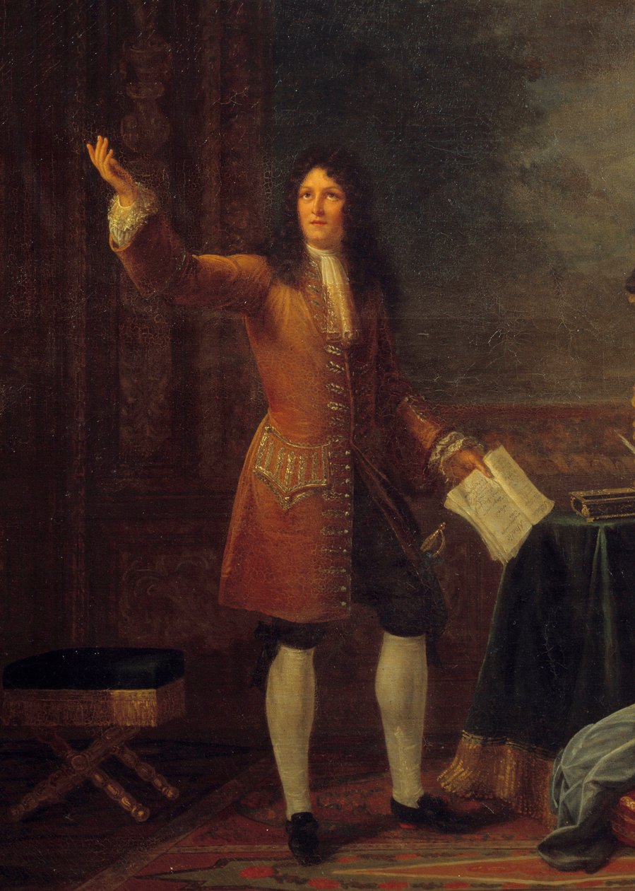 Jean Racine (1639-1699) a francia király előtt felolvassa drámáját. Részlet a „” Jean Racine (1639-1699) festményről, amely „” Athalie”-t olvas XIV. Lajos (1638-1715) és Francoise d