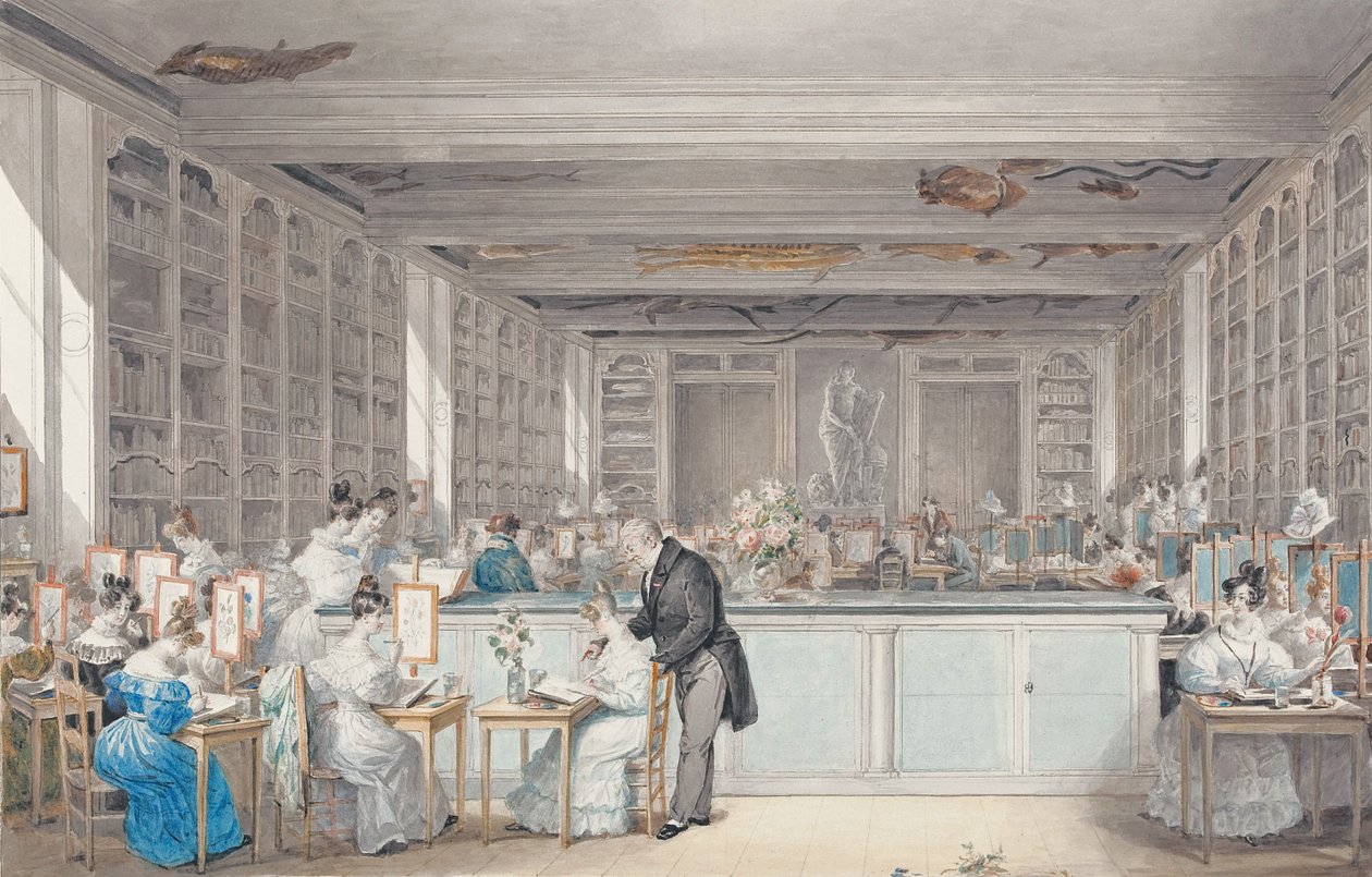 Pierre-Joseph Redouté botanikai rajziskolája a Salle Buffonban a Jardin des Plantes-ban, 1830 (wc és grafit papíron) alkotó: Julie Ribault