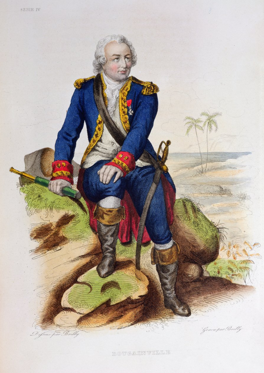 Louis Antoine de Bougainville (1729-1811) sziklán ül, illusztráció Edouard Mennechet „Le Plutarque Francais” című művéből, Párizs, 1835 (színes metszet) alkotó: Julien Leopold Boilly
