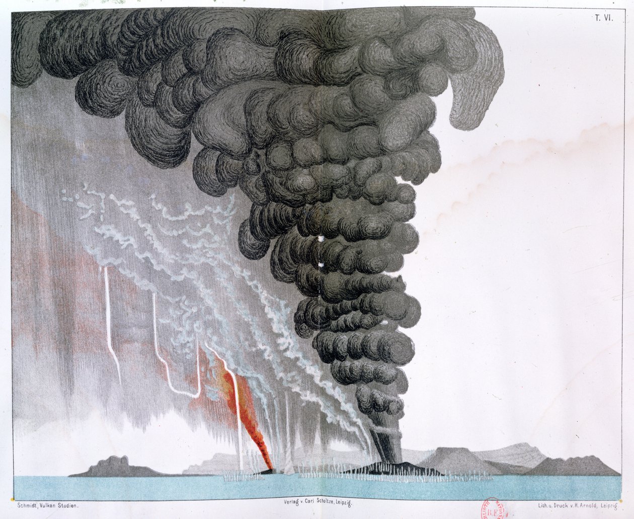 A Santorini vulkán kitörése, illusztráció a művész "Etudes sur les Volcans" című művéből, nyomdai metszet, 1881. alkotó: Julius or Jules Schmidt