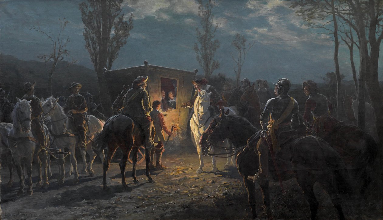 Éjszakai jelenet. Felszerelt férfiak elegáns hintót tartanak fel alkotó: Julius von Blaas  