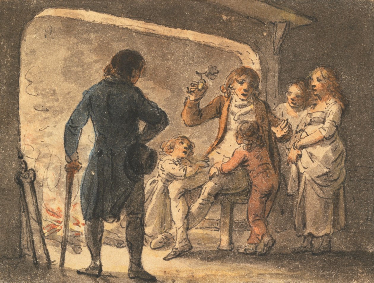 Tűz a kandallóban, az apa elmeséli a történetet gyermekeinek alkotó: Julius Caesar Ibbetson