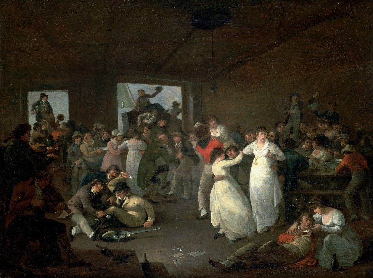 Matrózok bombanca, jelenet egy portsmouthi (Anglia) kocsmában. Olaj, fa alkotó: Julius Caesar Ibbetson