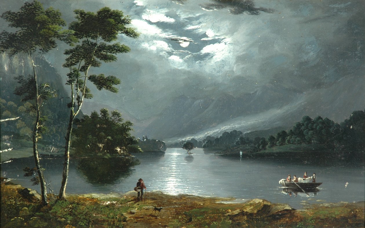 Ferry, Windermere, északra néz és a tó a holdfényben alkotó: Julius Caesar Ibbetson