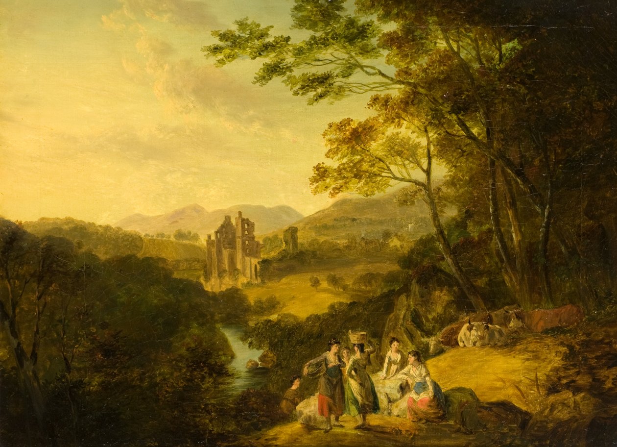 Rosslyn kastély mosónőkkel és szarvasmarhákkal, 1800 körül (olaj, vászon) alkotó: Julius Caesar Ibbetson