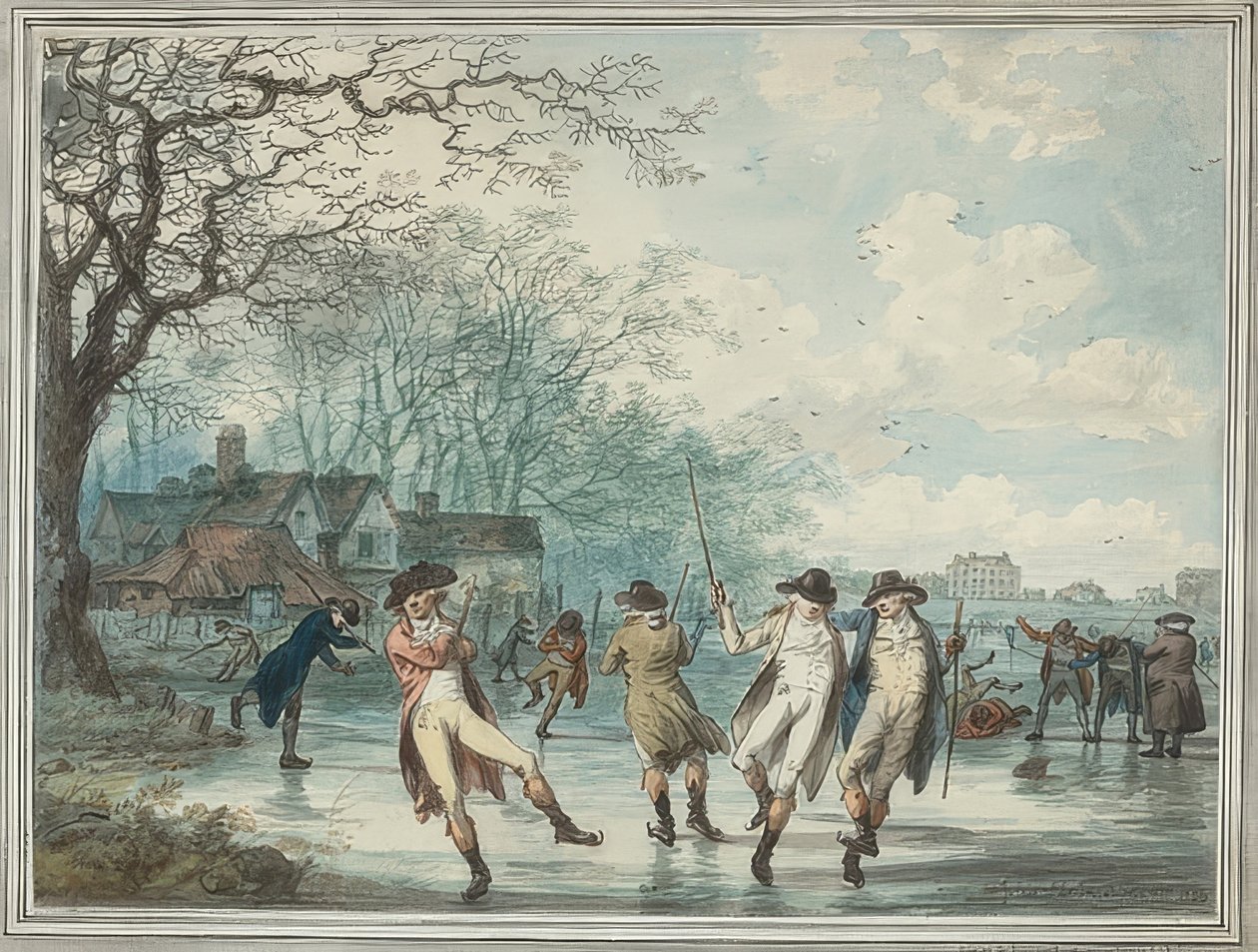 Korcsolyázók a Hyde Parkban lévő Serpentine-on. 1786 alkotó: Julius Caesar Ibbetson