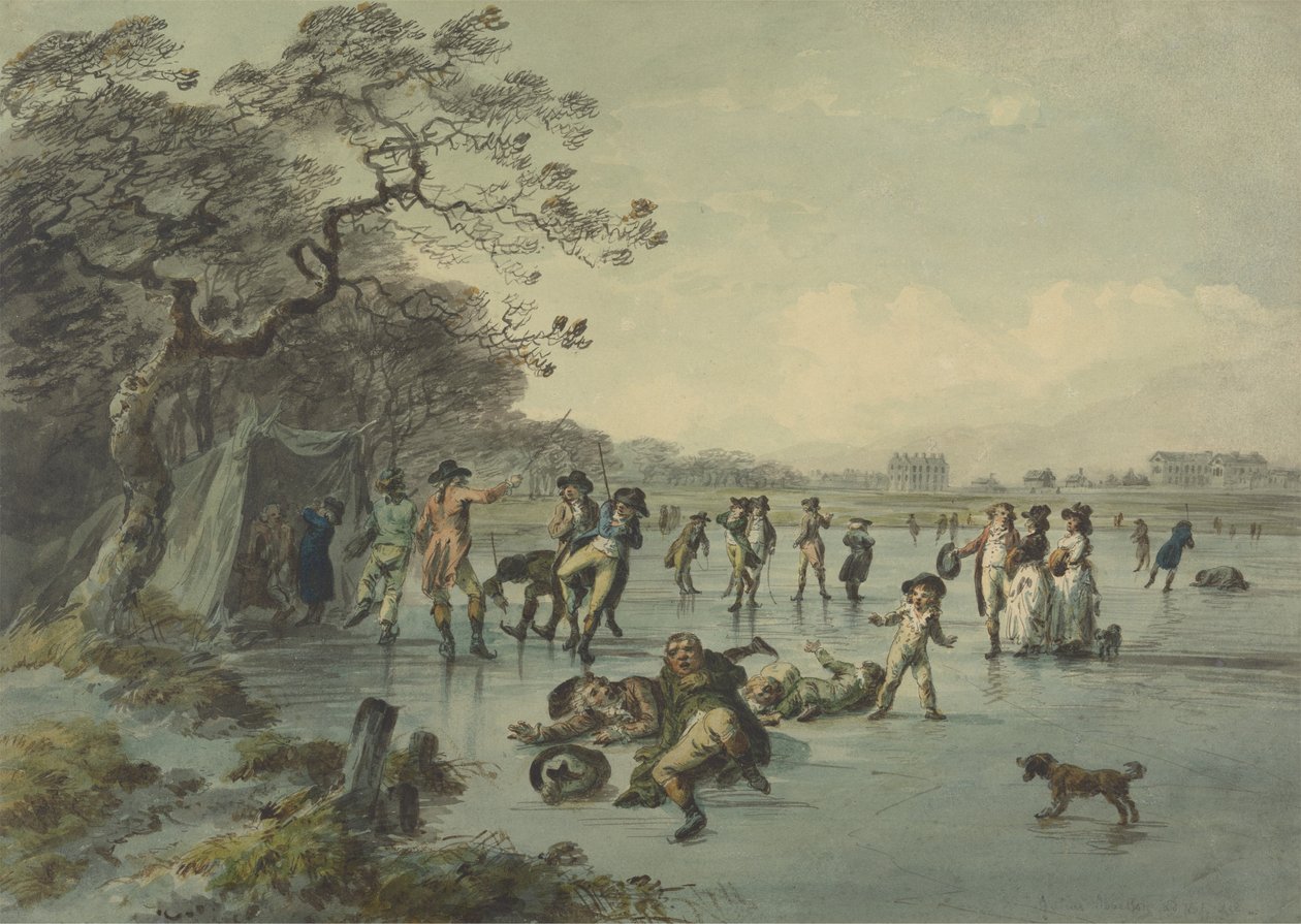 Korcsolyázás a Hyde Parkban, 1785 körül (toll, tinta és WC papíron) alkotó: Julius Caesar Ibbetson