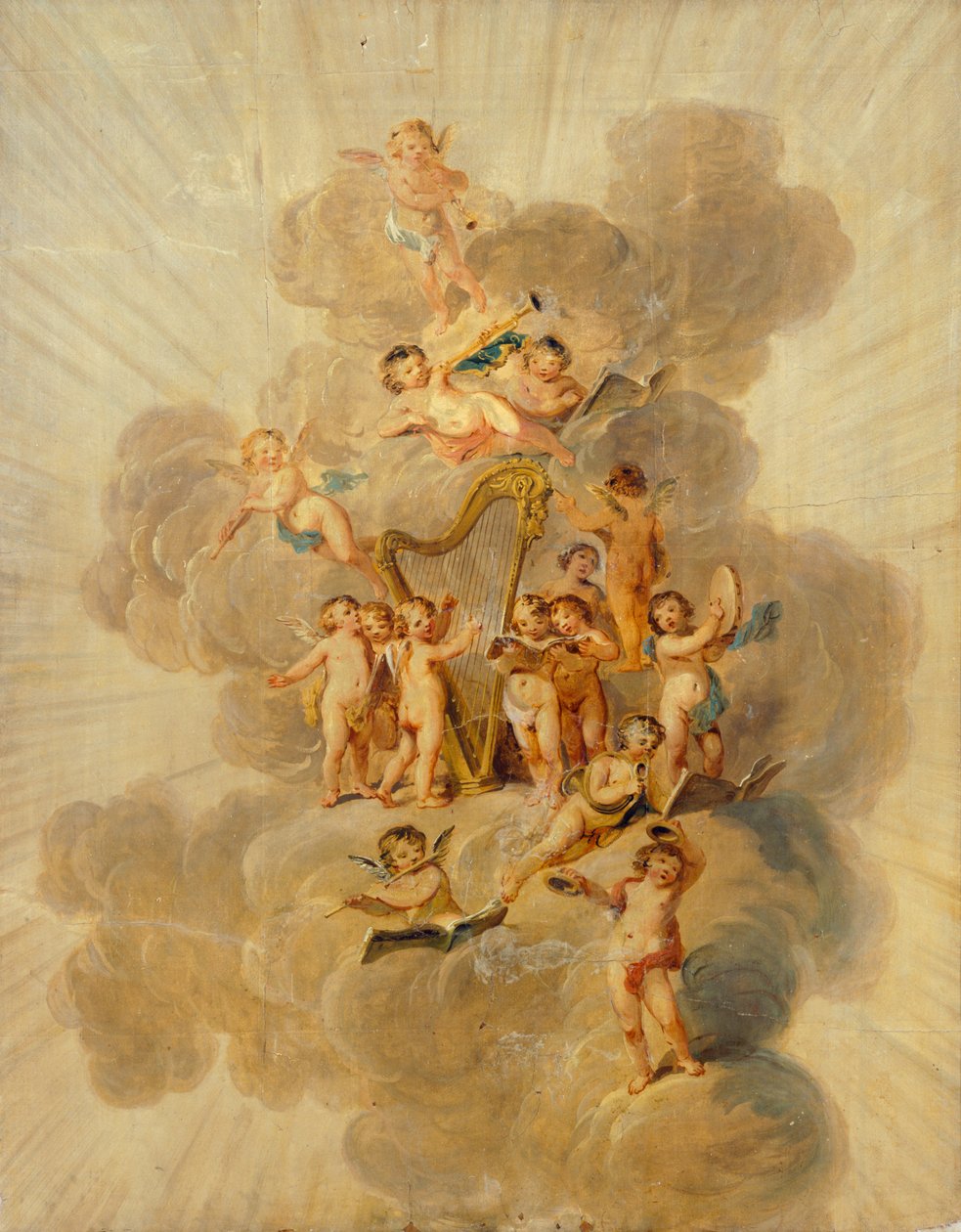 Szárnyas kerubok hangszerekkel, a Music Room dekoratív szegélye, Kenwood House, London (tapéta) alkotó: Julius Caesar Ibbetson