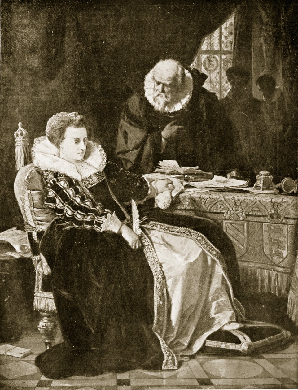 Erzsébet aláírja Mary halálos ítéletét, illusztráció a „Hutchinson története a brit nemzetről”, 1923 körül alkotó: Julius Friedrich Anton Schrader