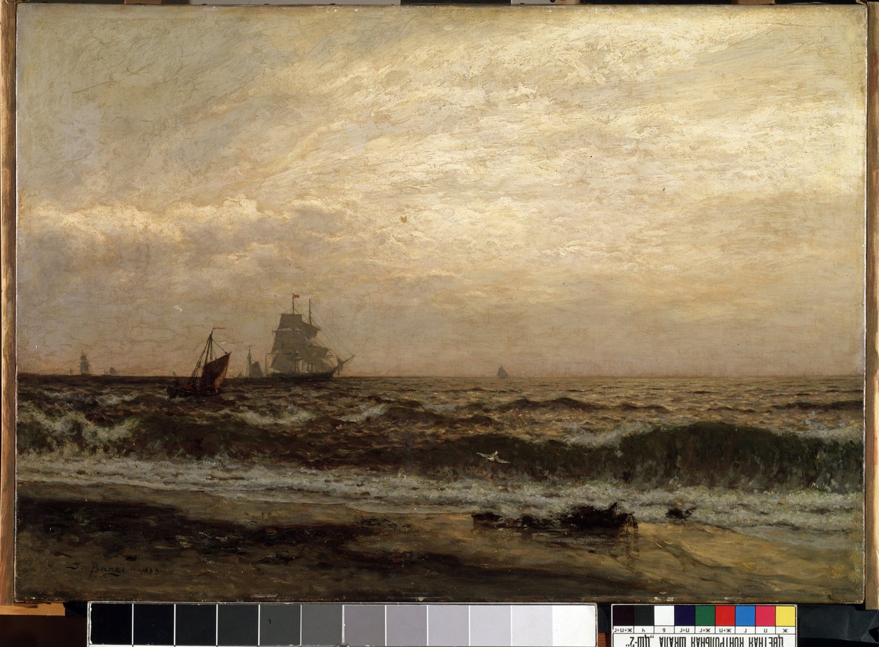 Hajók a tengeren (Ships on the sea). Julius Friedrich Runge (1843-1922) festménye. Olaj, vászon, 58,5 x 83,5 cm alkotó: Julius Friedrich Runge