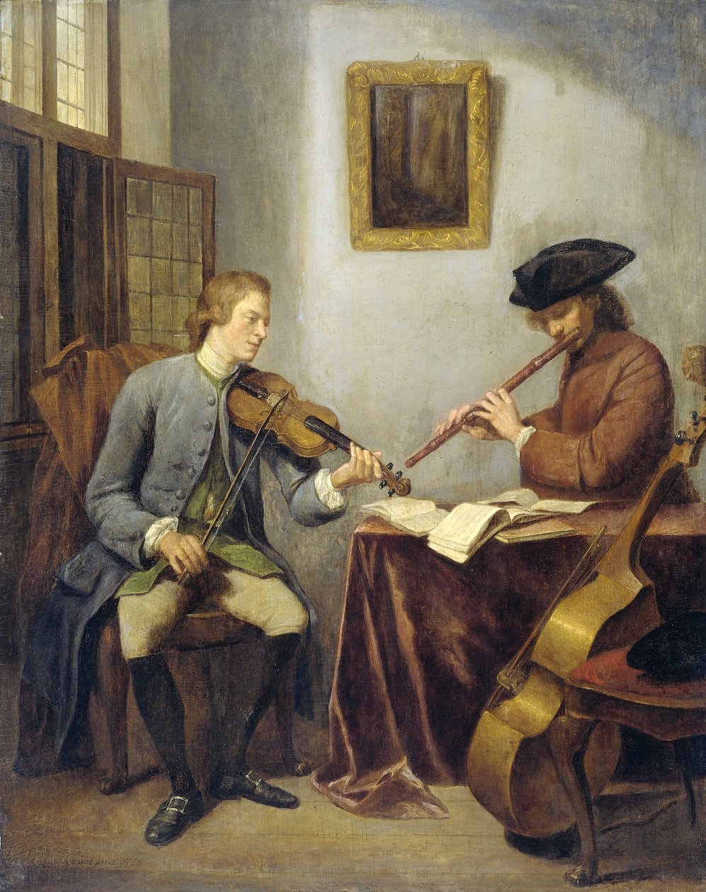 Egy hegedűs és egy fuvolaművész együtt zenél (The Musicians) alkotó: Julius Henricus Quinkhard