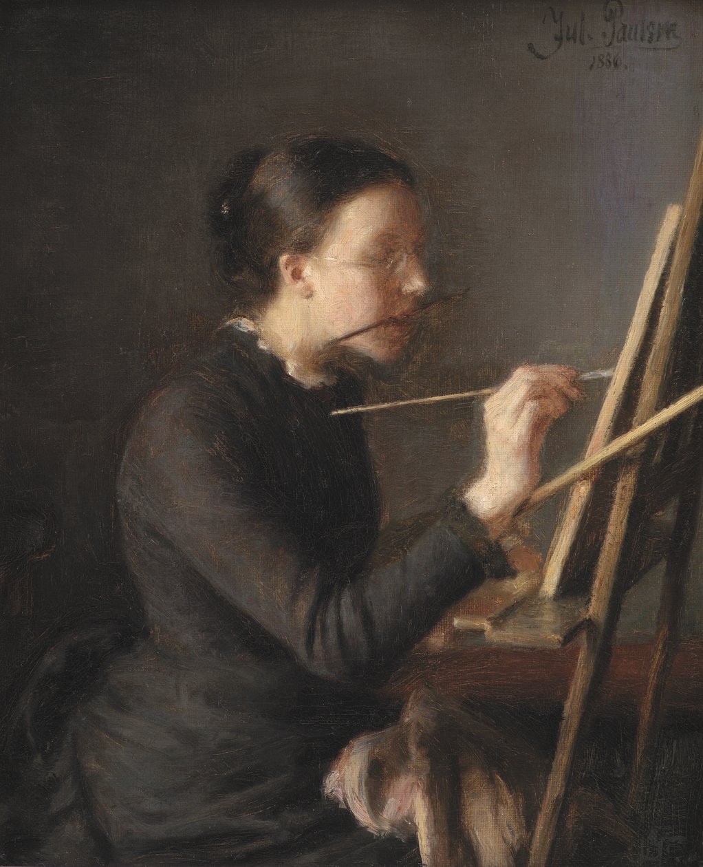 A festő, Agnes Paulsen, a művésznővér a festőállványán alkotó: Julius Paulsen