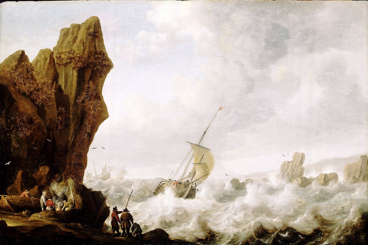 Egy kétárbocos halászhajó (hooker) viharos tengeren, egy meredek sziklákból álló partvonallal körülvett átjáróba szorulva. Olaj, fa, 1620 körül, Julius Porcellis (1609-1645) alkotása. alkotó: Julius Porcellis