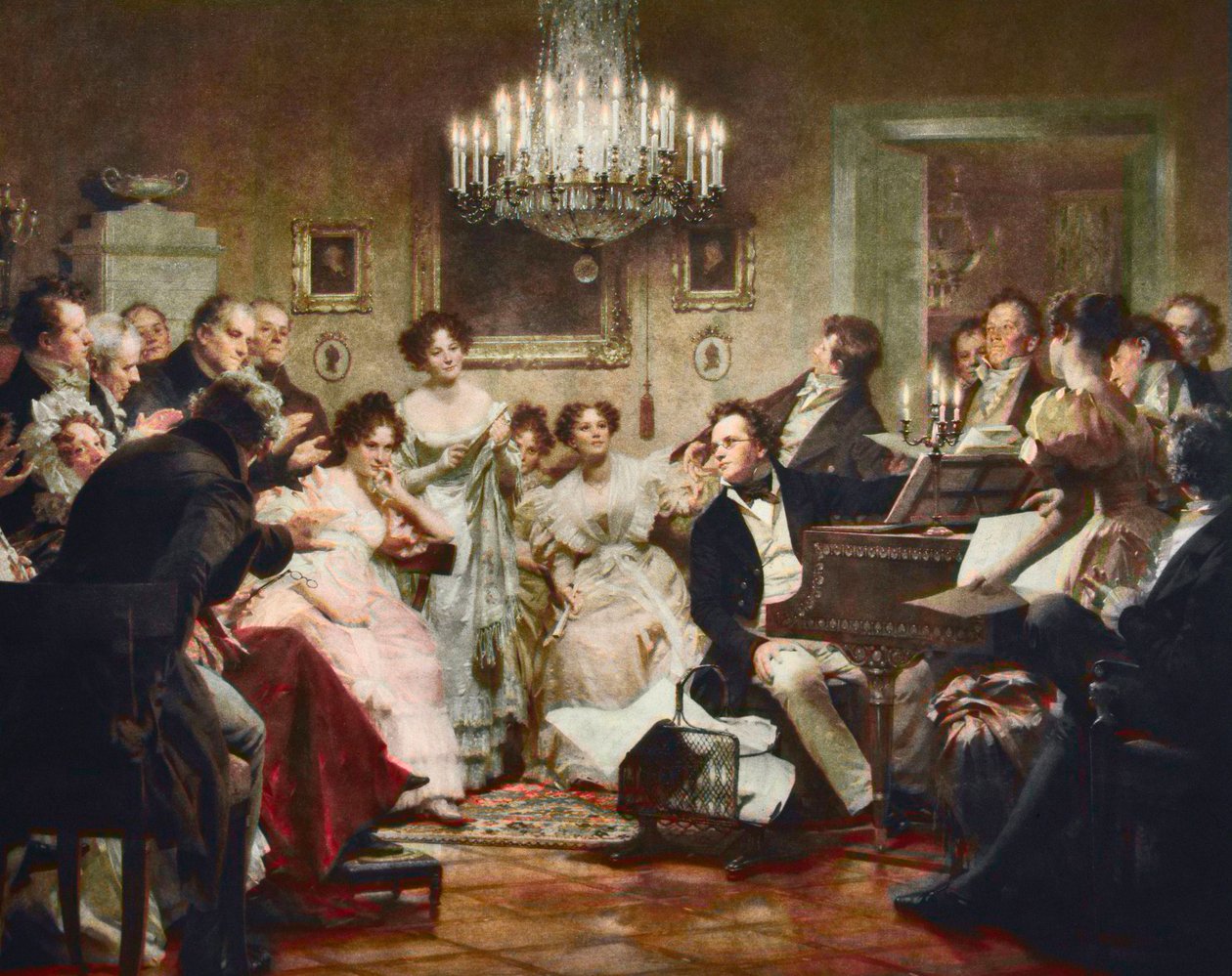 Franz Schubert (1797-1828) zongoránál egy Schubert-est során egy bécsi szalonban - metszet Julius Schmid (1854-1935) után alkotó: Julius Schmid