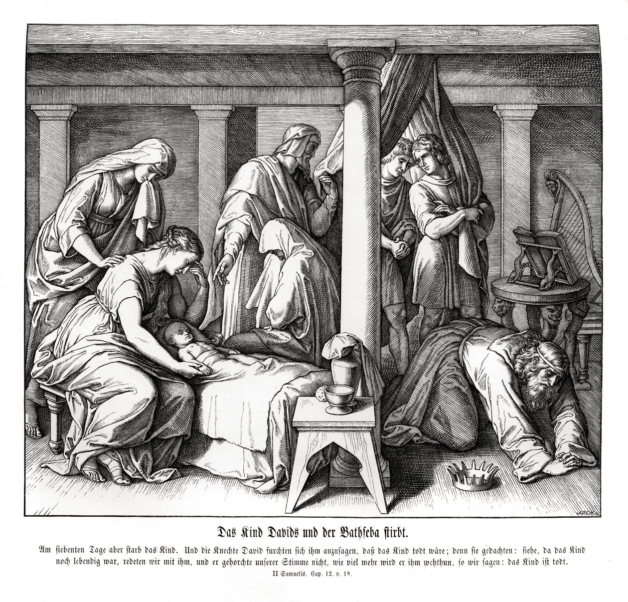Dávid és Betsabé gyermeke meghal, 2Sámuel alkotó: Julius Schnorr von Carolsfeld