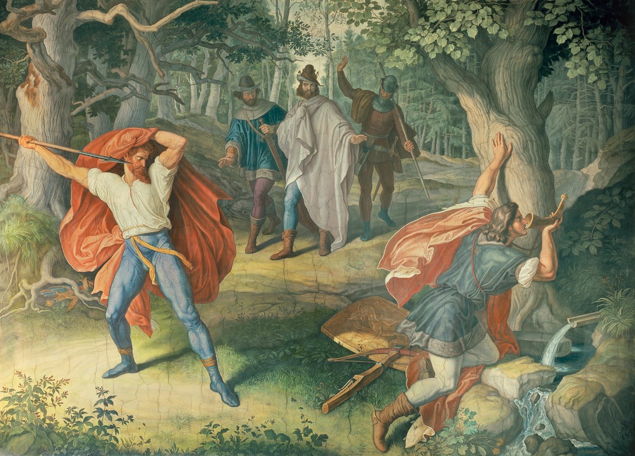 Hagen megöli Siegfriedet a szökőkútnál, a Nibelungok Csarnokában alkotó: Julius Schnorr von Carolsfeld