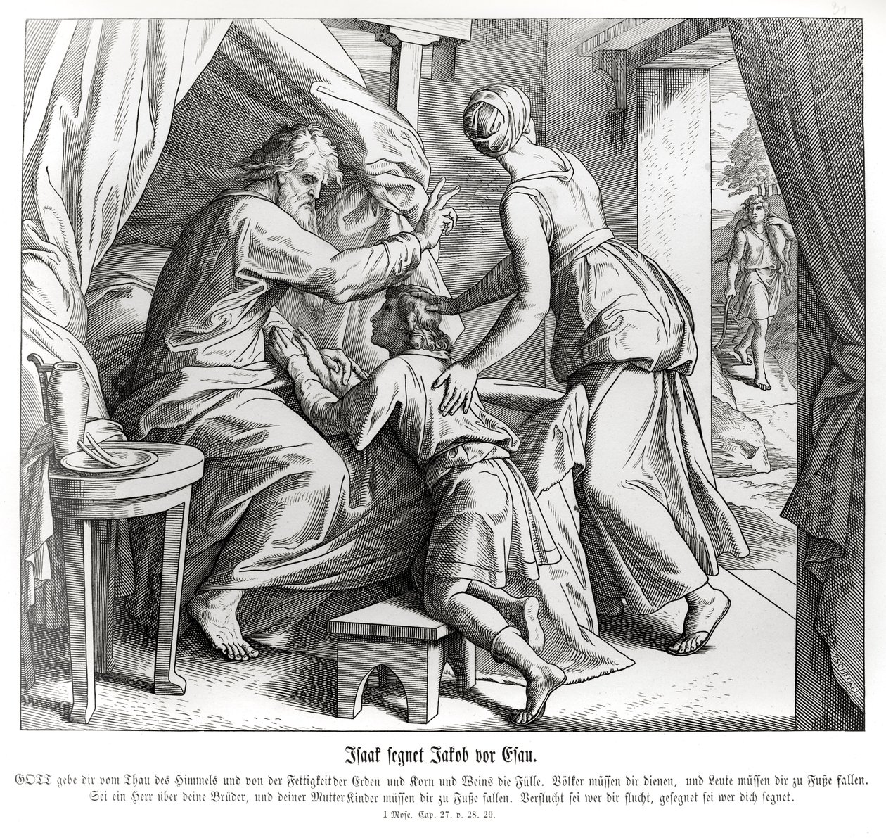 Izsák megáldja Jákóbot Ézsau helyén, a Genezisben alkotó: Julius Schnorr von Carolsfeld
