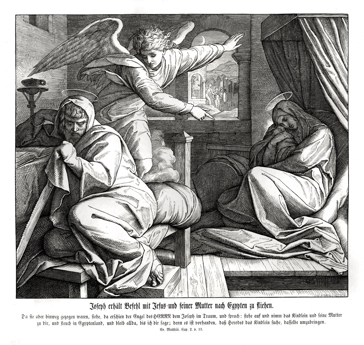 József figyelmeztetést kap, hogy meneküljön Egyiptomba, Máté evangéliuma alkotó: Julius Schnorr von Carolsfeld