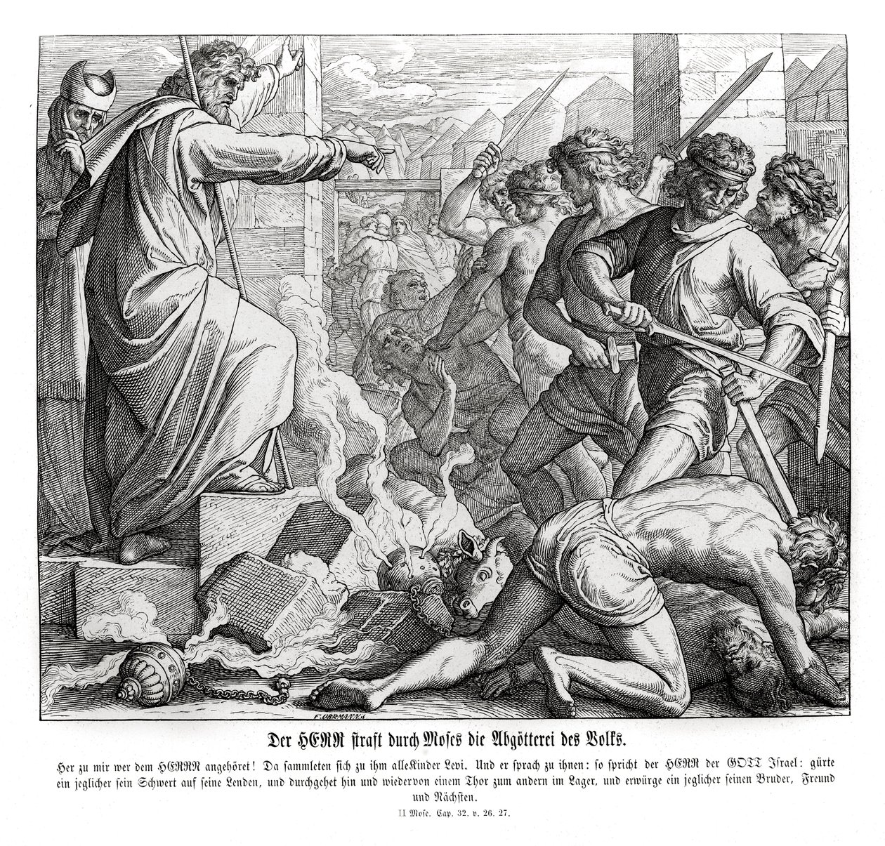 Mózes megbünteti a népet bálványimádásukért, Exodus alkotó: Julius Schnorr von Carolsfeld