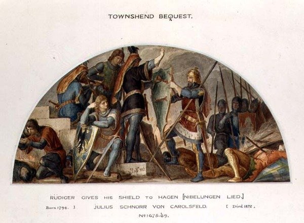 Rudiger átadja a pajzsát Hagennek, illusztráció Richard Wagner (1813-83) "Niebelungen" című művéhez. alkotó: Julius Schnorr von Carolsfeld