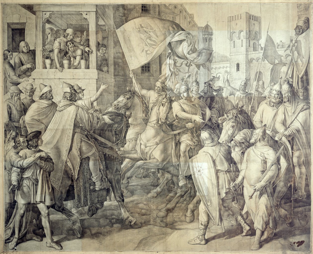 Siegfried visszatérése a szász háborúból. Karton a müncheni rezidencia Königsbau épületének Nibelung-freskóihoz alkotó: Julius Schnorr von Carolsfeld