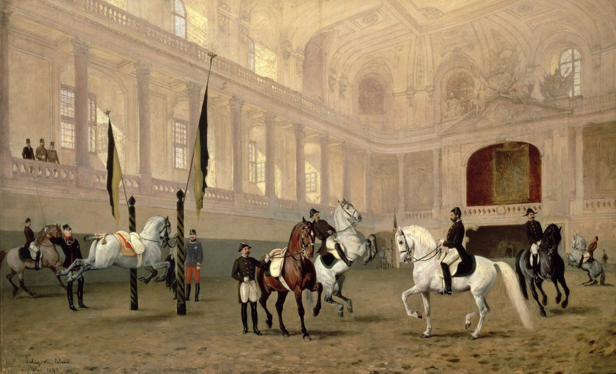 Reggeli gyakorlat a Hofreitschule-ban, Josephsplatz, 1890 alkotó: Julius von Blaas  
