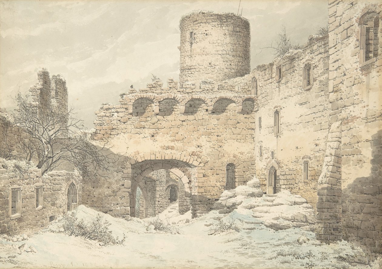 Téli kilátás egy középkori romos vár udvarára, 1832. alkotó: Julius von Leypold