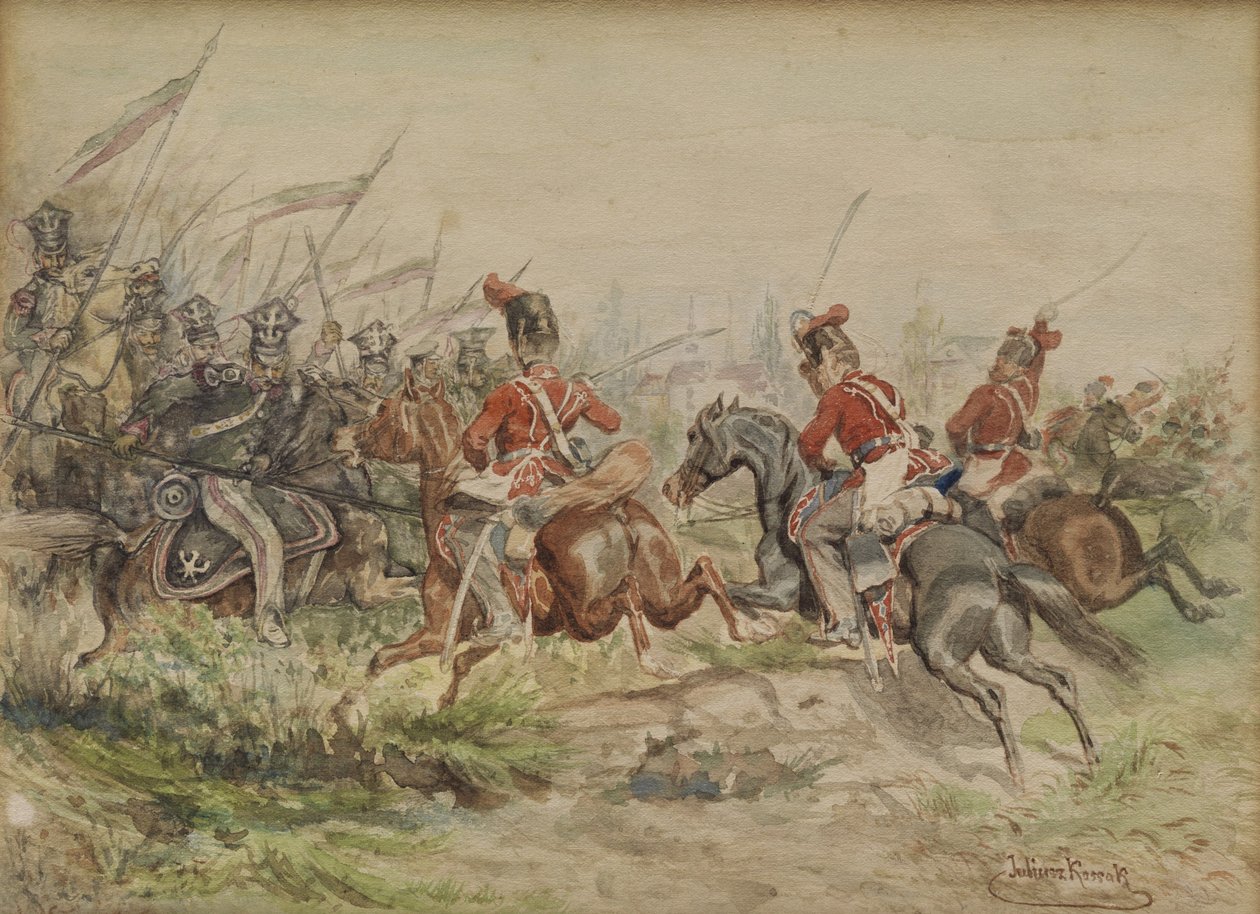 Lengyel katonák, akik oroszokkal harcolnak. Vízfestmény. alkotó: Juliusz Fortunat Kossak