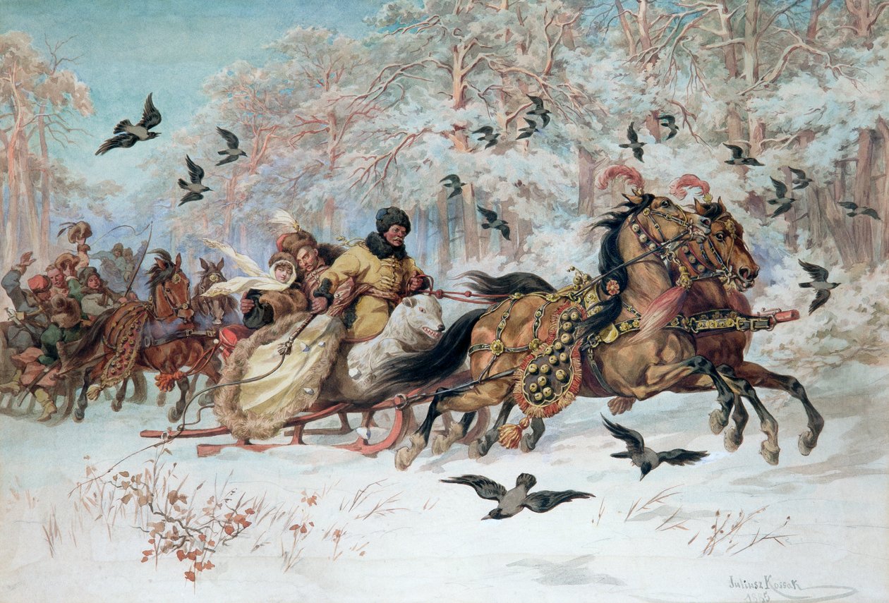 Olenka és Kmicic szánon, 1885 alkotó: Juliusz Fortunat Kossak