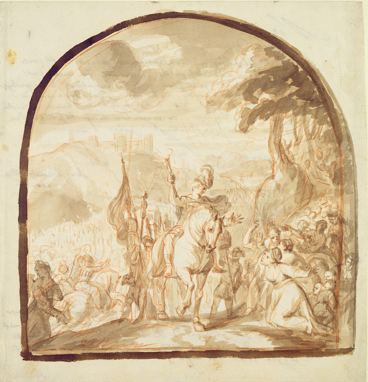 Claudius Civilis hagyja a nőket és a gyerekeket harcolni Xantenben, 1662 (toll, barna tinta és kréta papíron) alkotó: Jürgen Ovens