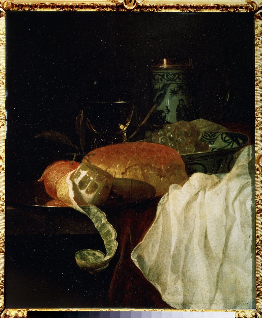 Gyümölcs, kenyér és bor (Gyümölcs, kenyér és bor). Jurlaen van Streeck (1632-1687) festménye. Olaj, fa, 53 x 45 cm alkotó: Jurian van Streeck or Streek