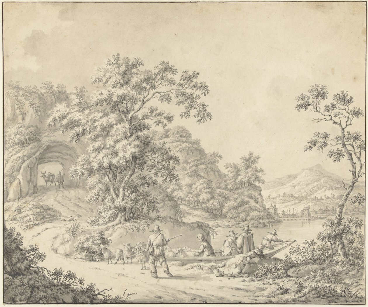 Táj egy csónakkal, amelyben egy pásztor a nyájával alkotó: Jurriaan Andriessen (attributed to)
