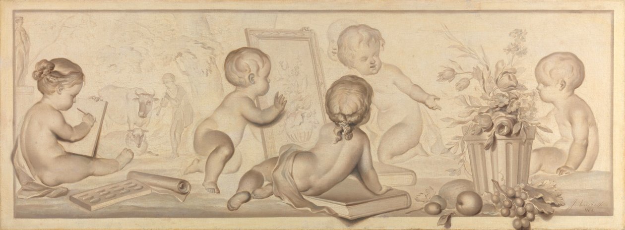 Hat putti virágokkal és gyümölccsel, valamint a rajzművészet attribútumaival alkotó: Jurriaan Andriessen (signed by artist)
