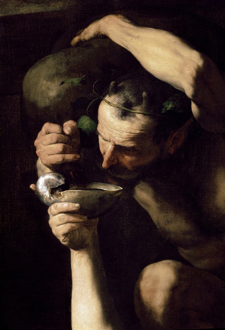 Drunk Silenus - The Drunk Silene (Részlet). Riberai Jose (Joseph) festménye, Spagnoletto (1591-1652) alkotó: Jusepe de Ribera