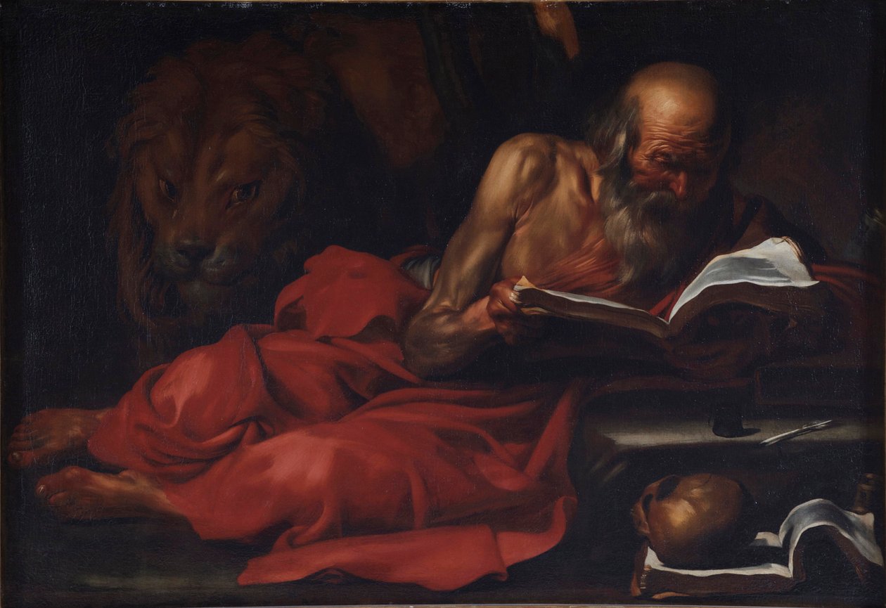 ""Szent Jeromos ábrázolása"" (Stridoni Szent Jeromos, 347-420) Jose de Ribera (1591-1652) festménye Méret: 103,2x149 cm Villa Margherita, Bordighera alkotó: Jusepe de Ribera