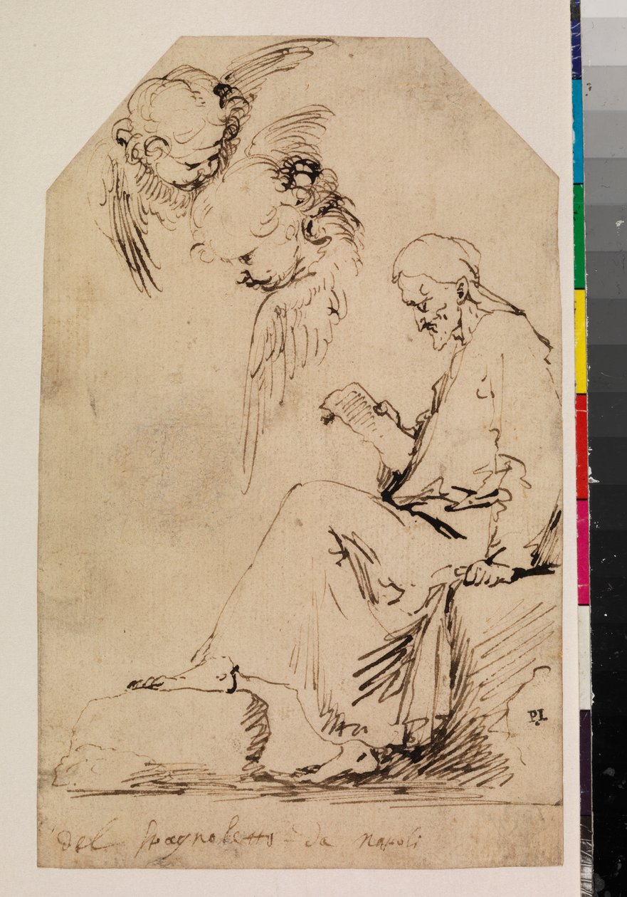 Tanulmánylap egy ülő emberrel, aki olvas és két kerub, 1620-as évek alkotó: Jusepe de Ribera