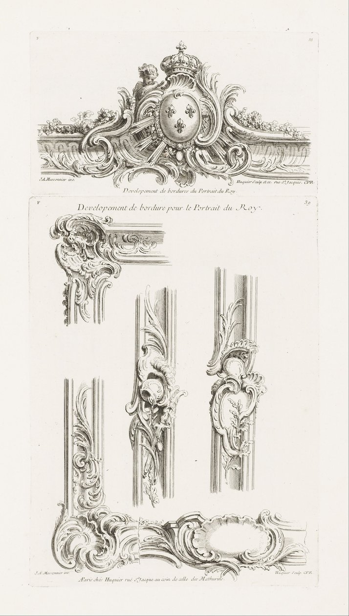 Cartouche tervezése a határon középre helyezett király karjaival alkotó: Juste Aurèle Meissonnier
