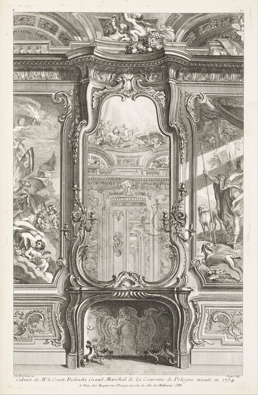 Bielenski gróf lengyel korona nagymárkájának 1734-ben készült kabinetje; tükrös kandalló, a tartópanel egy részével és festményekkel mindkét oldalon, 1. tábla. alkotó: Juste Aurèle Meissonnier