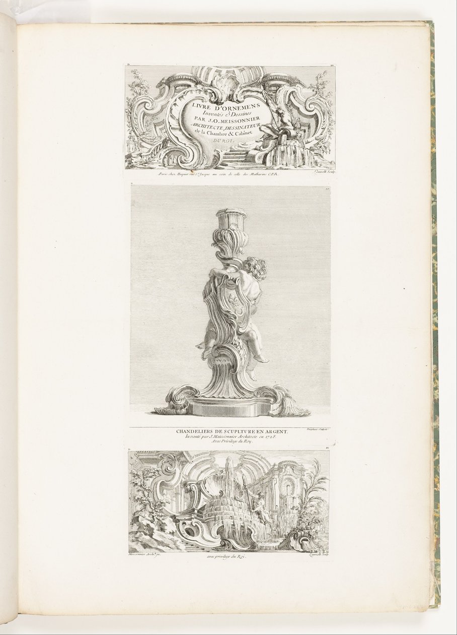 Díszkönyvek J.A. Meissonnier építész, a hálószoba és a szekrény tervezője által feltalált és rajzolt könyvek DU ROI, pl. 20 in Juste-Aurèle Meissonnier művei alkotó: Juste Aurèle Meissonnier