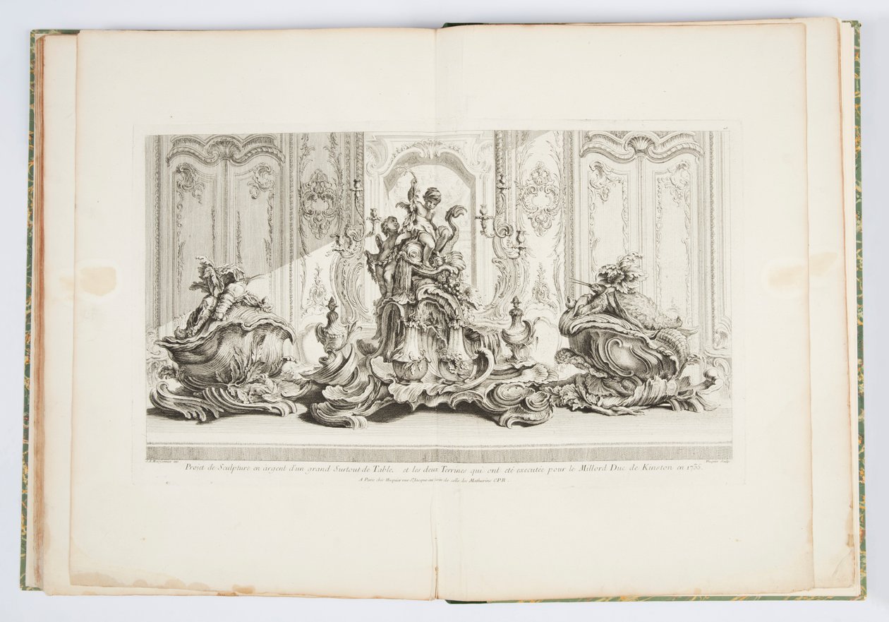 Projekt egy ezüst szoborhoz egy nagy asztal közepéről és a két terrineről... Millord Kinston (sic) számára kivitelezve 1735-ben (Kingstoni herceg 1735-ben a középső asztal és két türeén terve) 115. tábla Just-Aurele Meissonnier munkáiban alkotó: Juste Aurèle Meissonnier