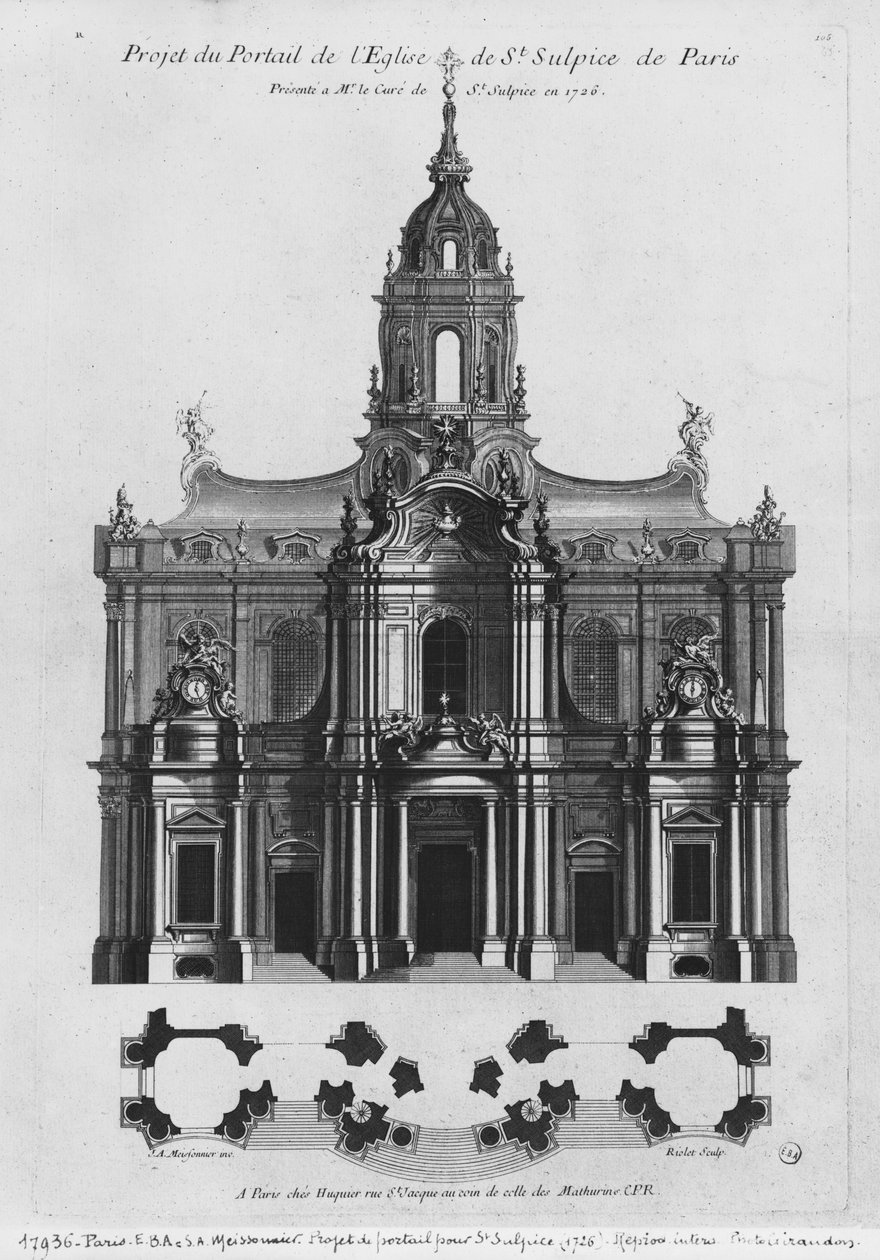 A Saint-Sulpice templom projektje, a homlokzat kiemelése, Párizs, Riolet metszet, 1726 (bw fotó) alkotó: Justin Aurele Meissonier